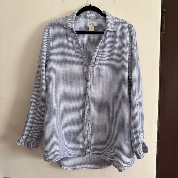 Calypso St. Barth Tops - CALYPSO St. Barth | Rahani Blue and White Striped Linen Button Up Shirt | Large